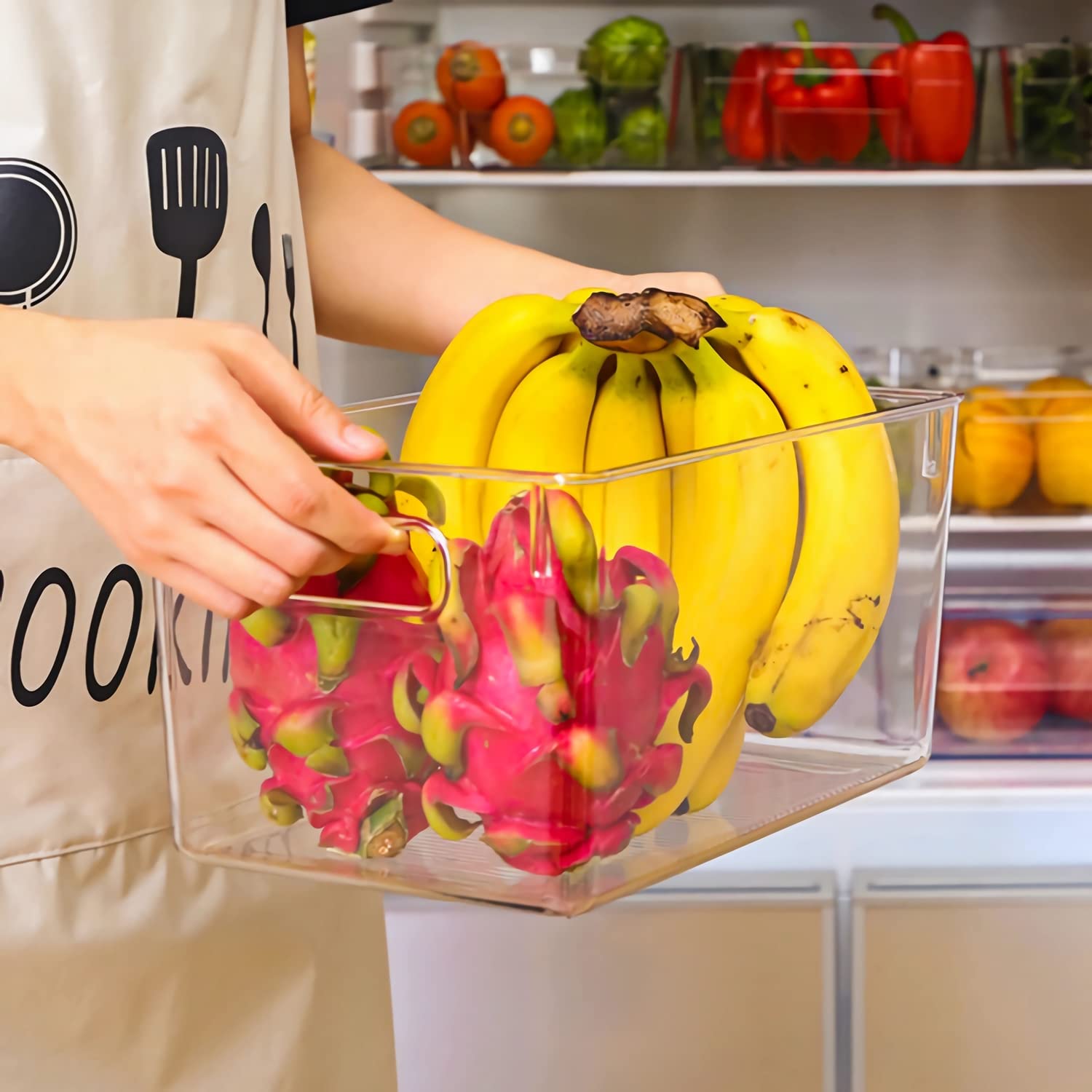 SKTEET bins arranged on a refrigerator shelf improving visibility and access