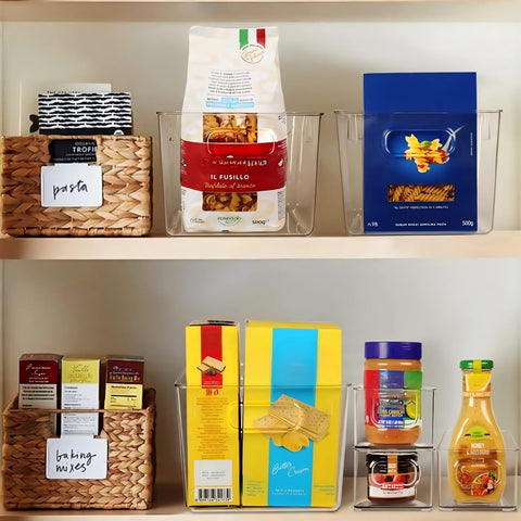 SKTEET pantry setup with grouped clear bins for fast item identification
