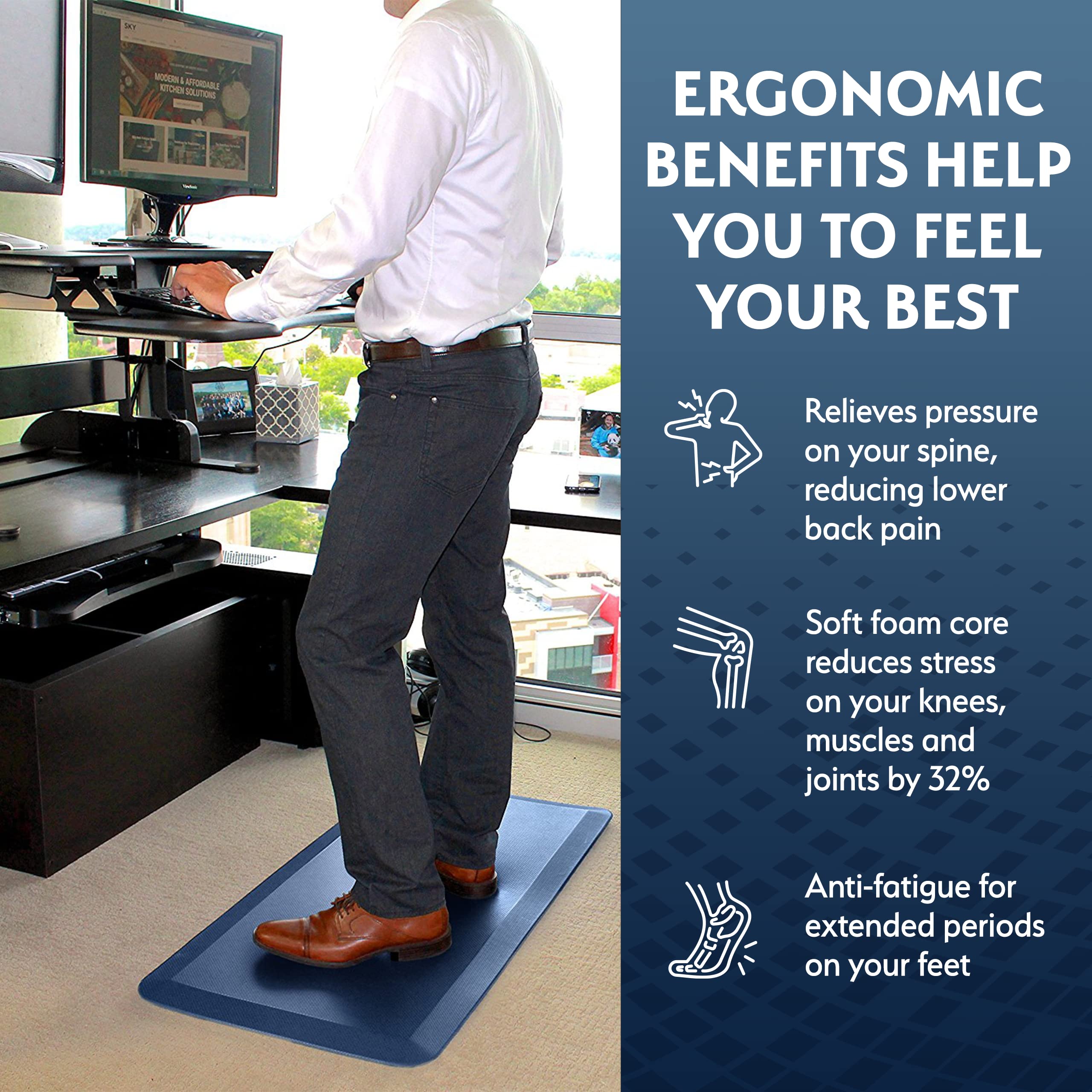 Sky Solutions under standing desk showing ergonomic support for work