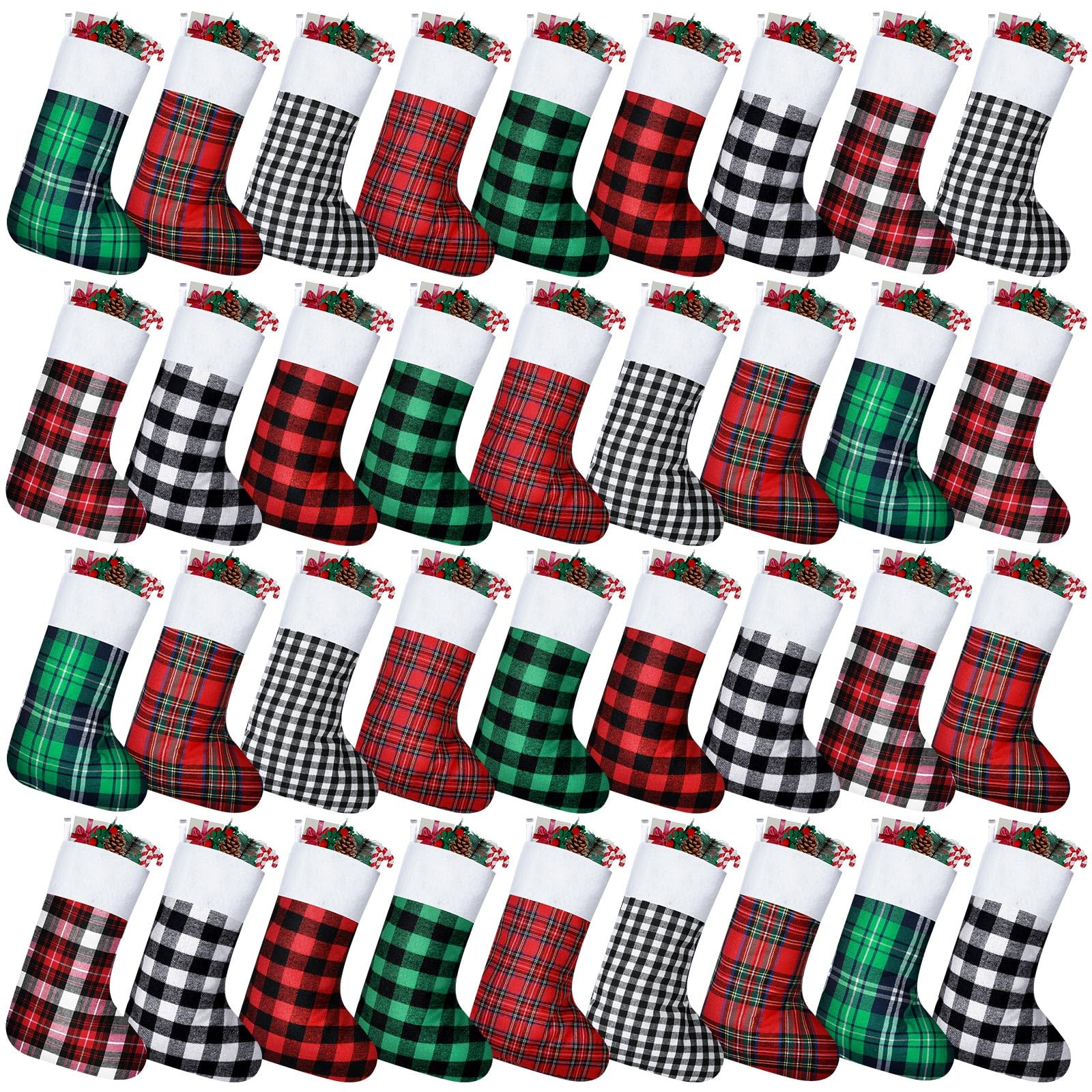 Skylety front packaging showing 36 plaid mini stockings and set benefit of ready decor