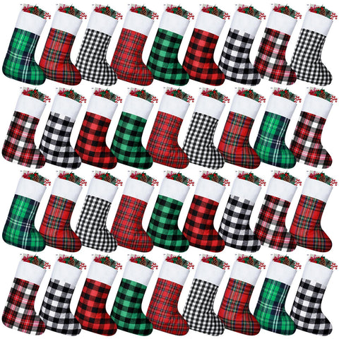 Skylety front packaging showing 36 plaid mini stockings and set benefit of ready decor