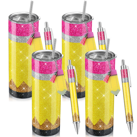 Skylety front view of four glitter pencil tumblers showcasing coordinated gift appeal