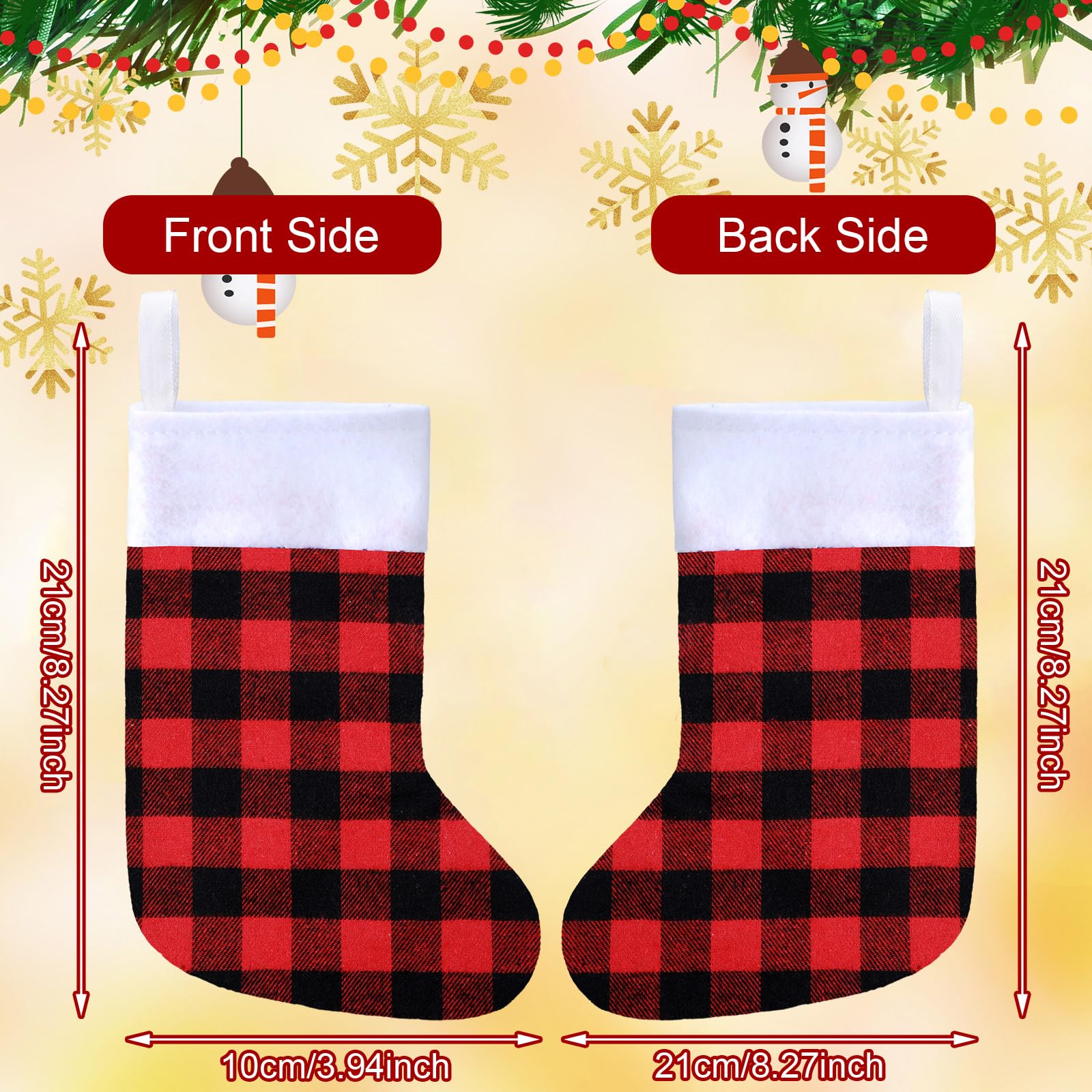 Skylety mini stockings hung on a Christmas tree adding coordinated rustic charm