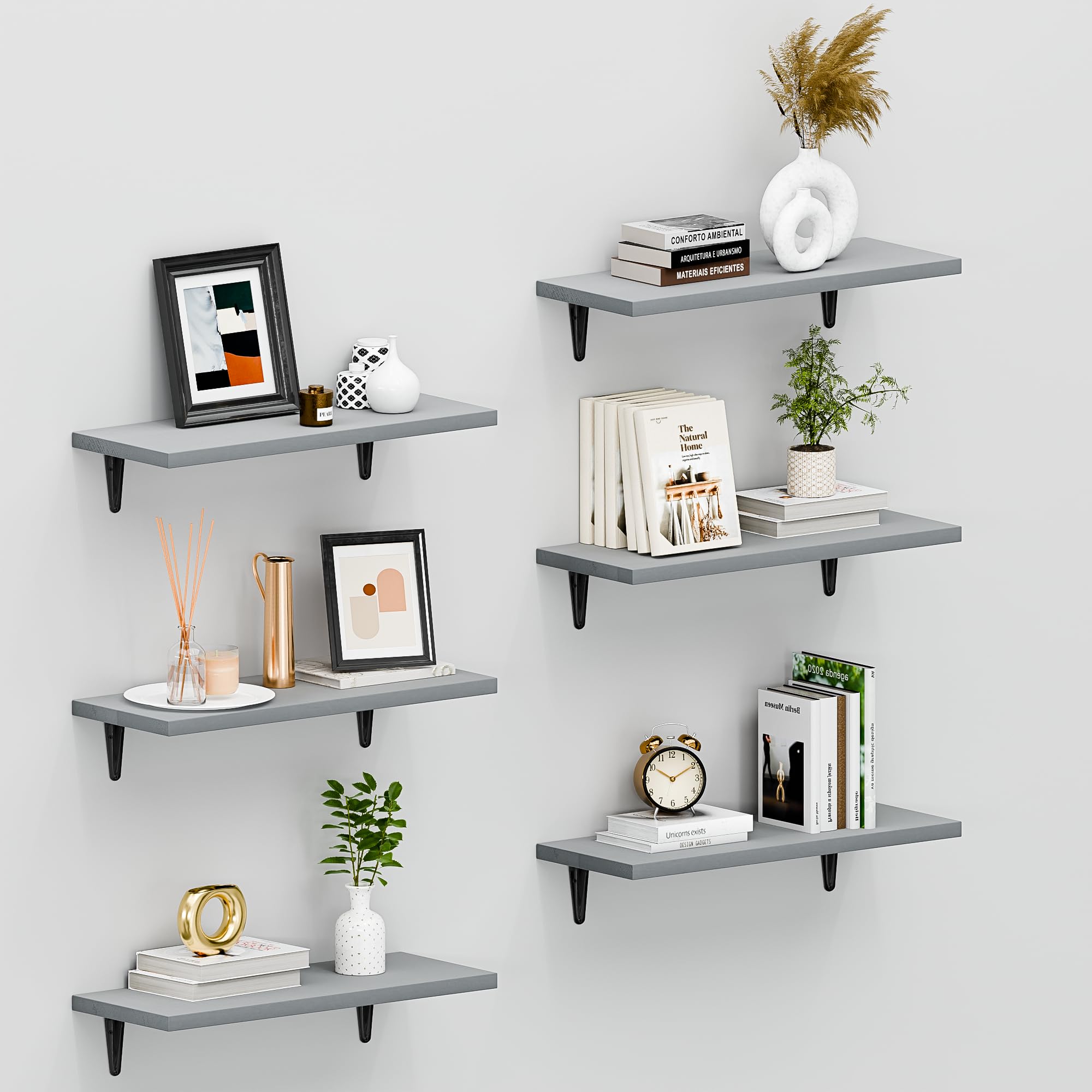 SKYSEN front view of six grey wood floating shelves showing neat storage benefit