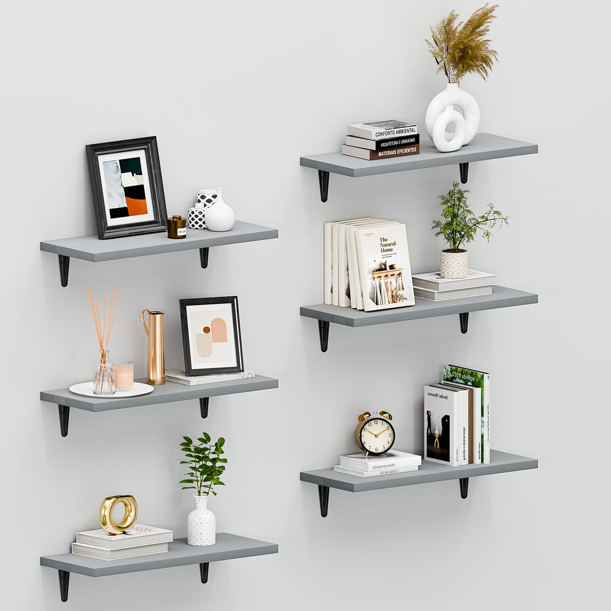 SKYSEN front view of six grey wood floating shelves showing neat storage benefit
