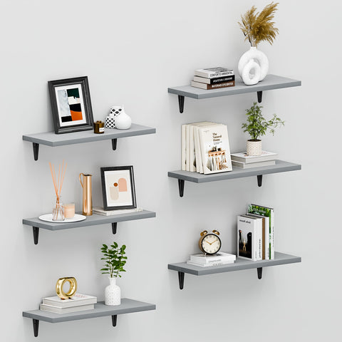 SKYSEN front view of six grey wood floating shelves showing neat storage benefit