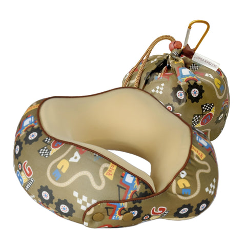 SKYTRAX COMF racecar neck pillow front view showing cute design and cozy support