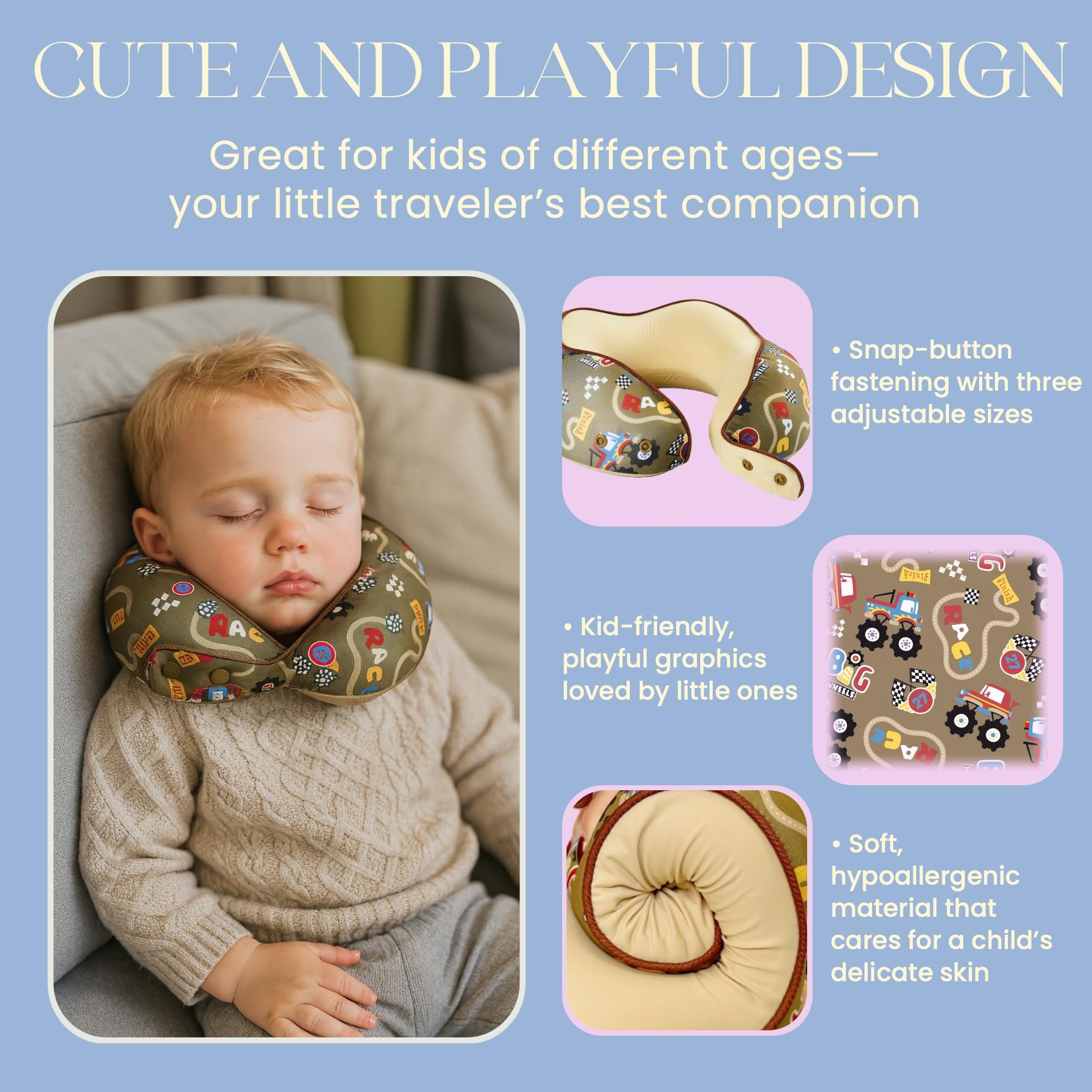 SKYTRAX COMF racecar pillow in a child car seat demonstrating travel comfort