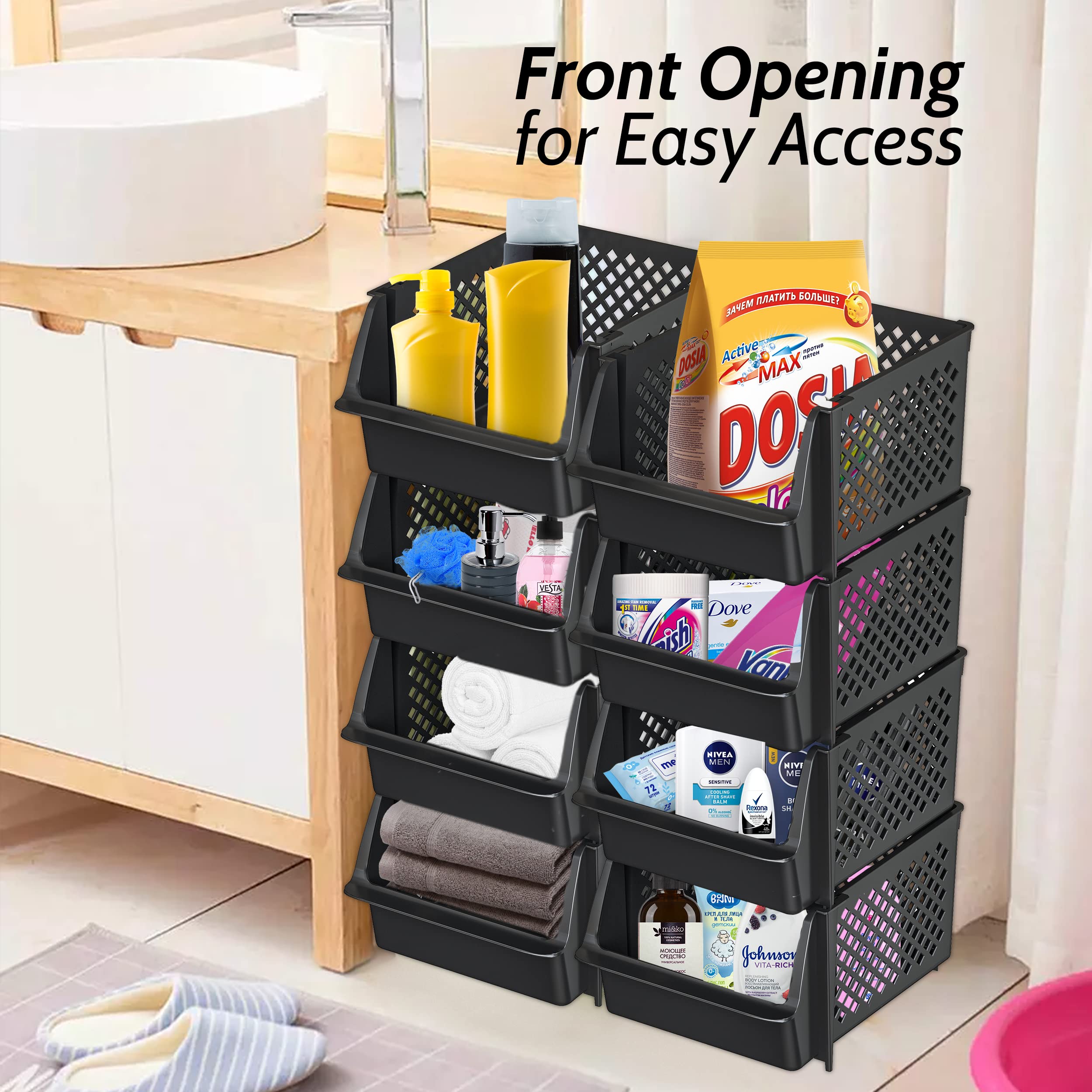 Skywin securely stacked bins on pantry shelf maximizing vertical space