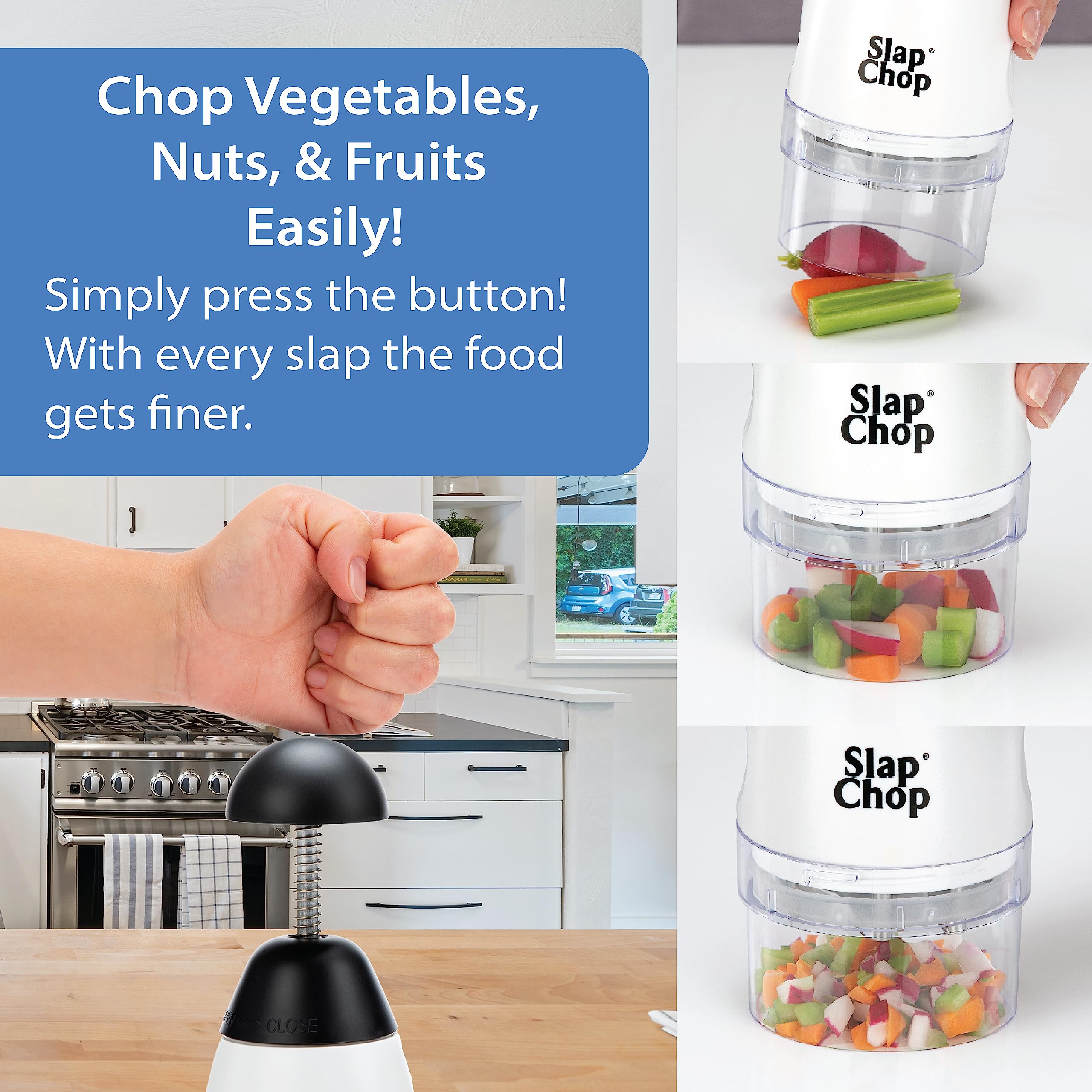 Slap Chop stainless steel blades closeup for consistent chopping