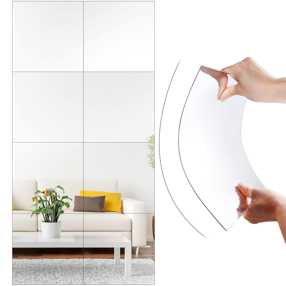 SLDIYWOW front packaging showing eight acrylic mirror tiles and tape, safe installation benefit