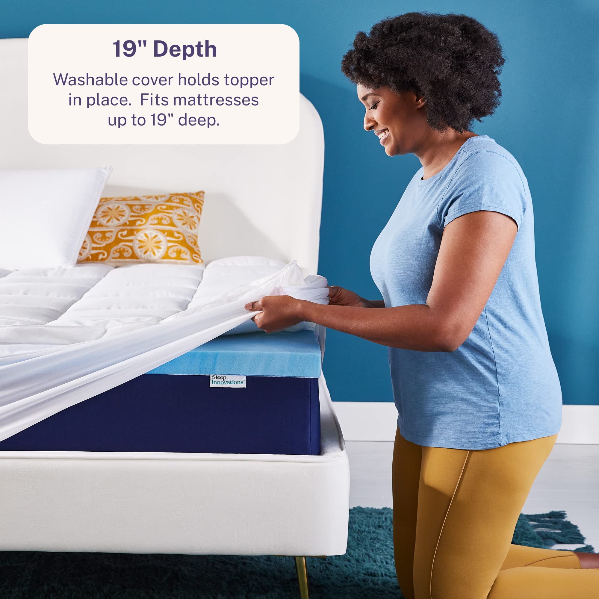 Sleep Innovations topper placed on a full bed showing added plushness and improved support