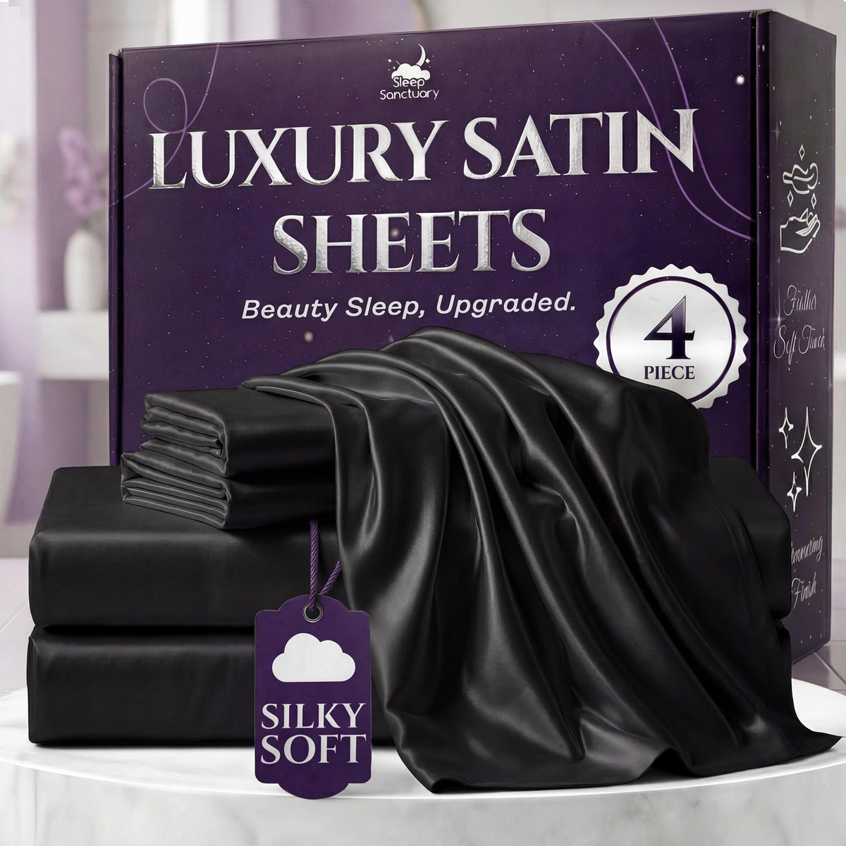 SLEEP SANCTUARY front packaging showing black satin set and brand, elegant presentation