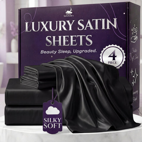 SLEEP SANCTUARY front packaging showing black satin set and brand, elegant presentation