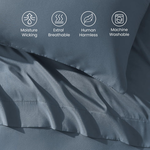 SLEEP ZONE styled bed in flint blue showing cooling aesthetic