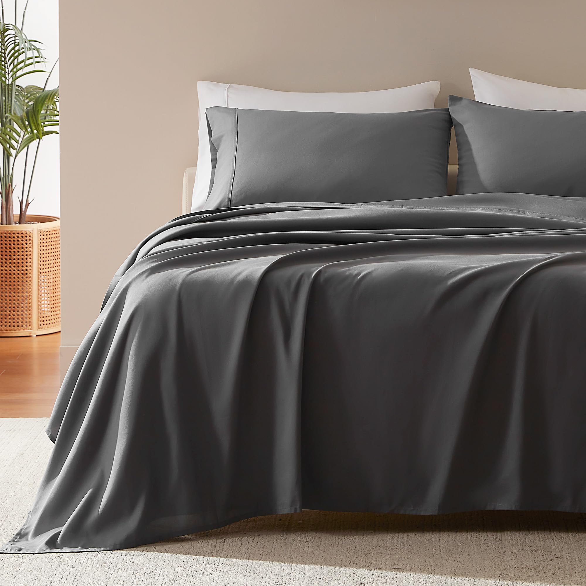 SLEEP ZONE full sheet set on bed showing neat fit and modern gray finish for comfort