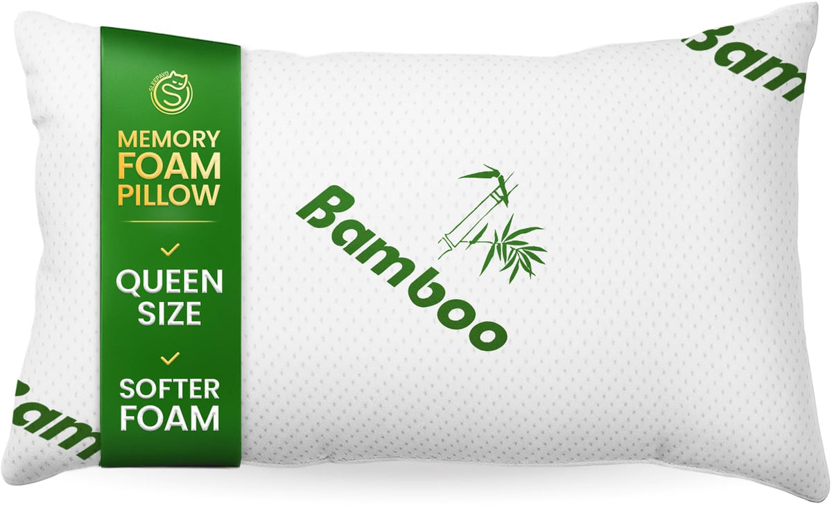 Sleepavo queen pillow front view showing packaging and cool breathable cover benefits