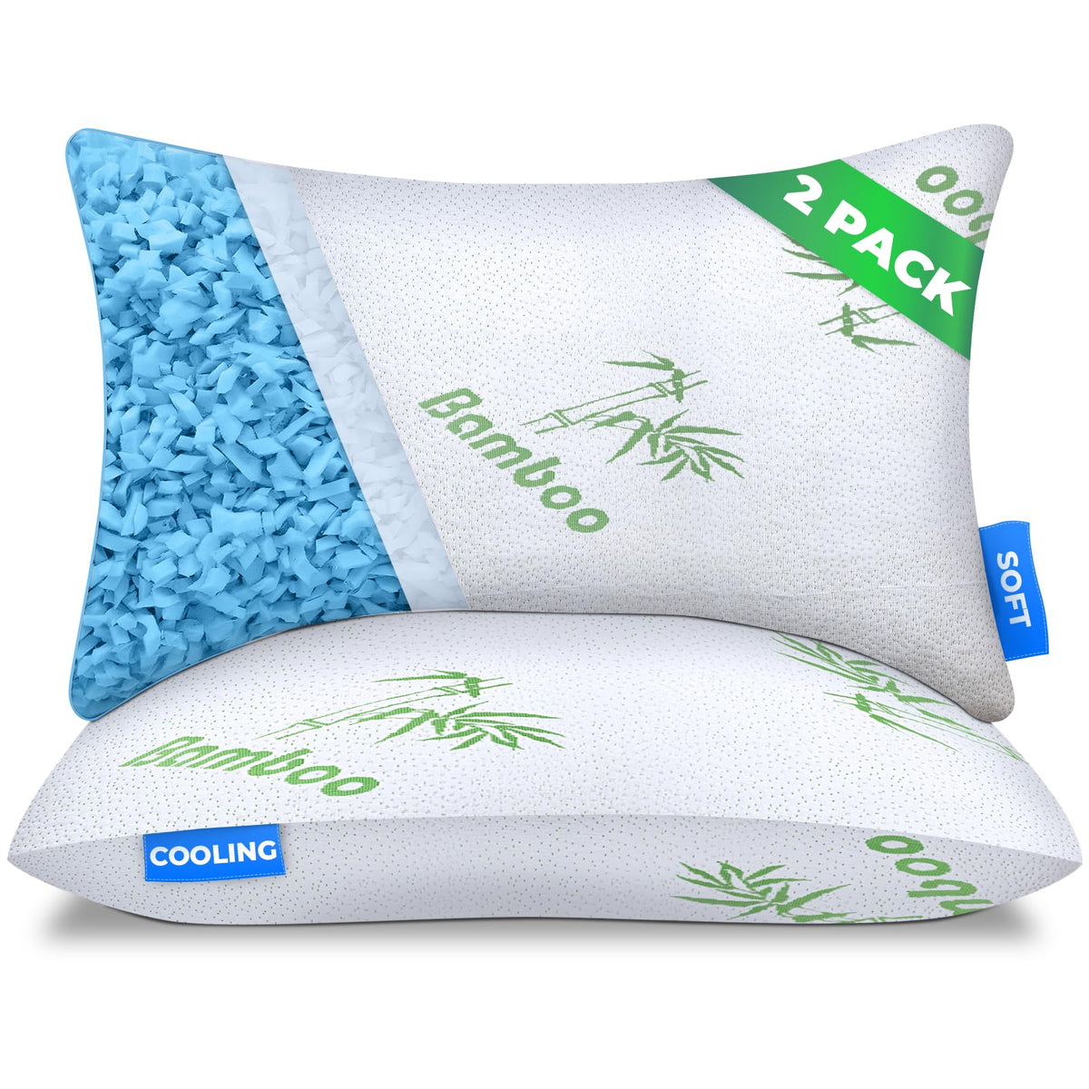 Sleepavo queen set front packaging showing two pillows and benefits of adjustable fill