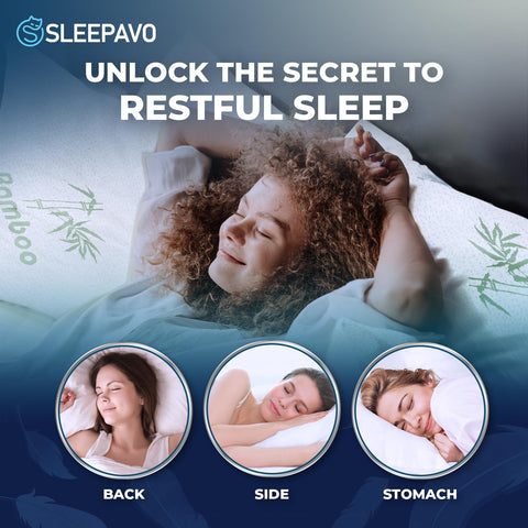 Sleepavo pillow staged on bed showing restful setup and customizable comfort