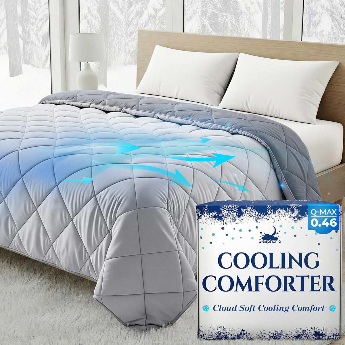 SLEEPHORIA full queen comforter on bed showing clean modern look and cooling benefit