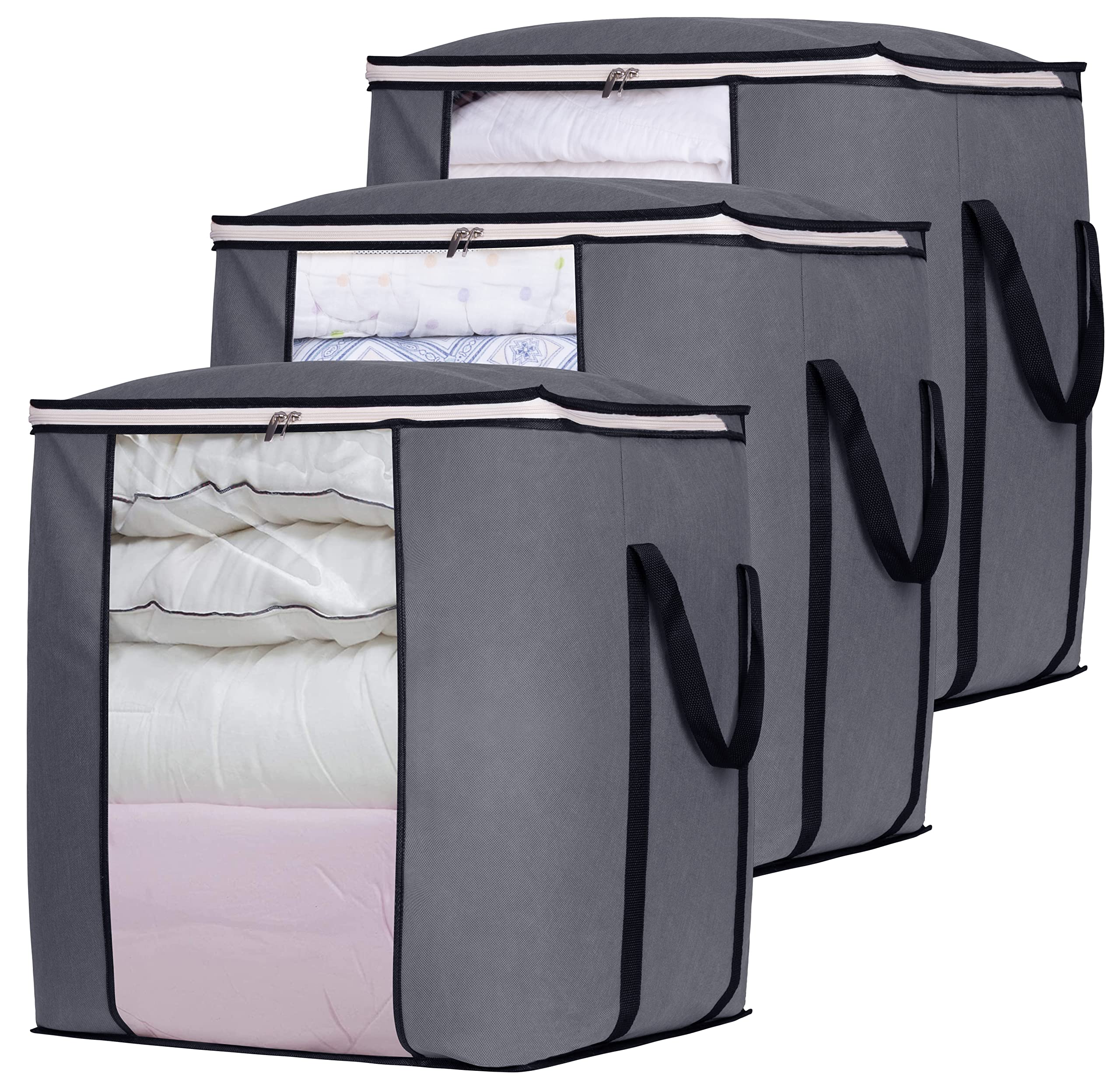 SLEEPING LAMB front view showing three grey oversized storage bags, organized storage benefit