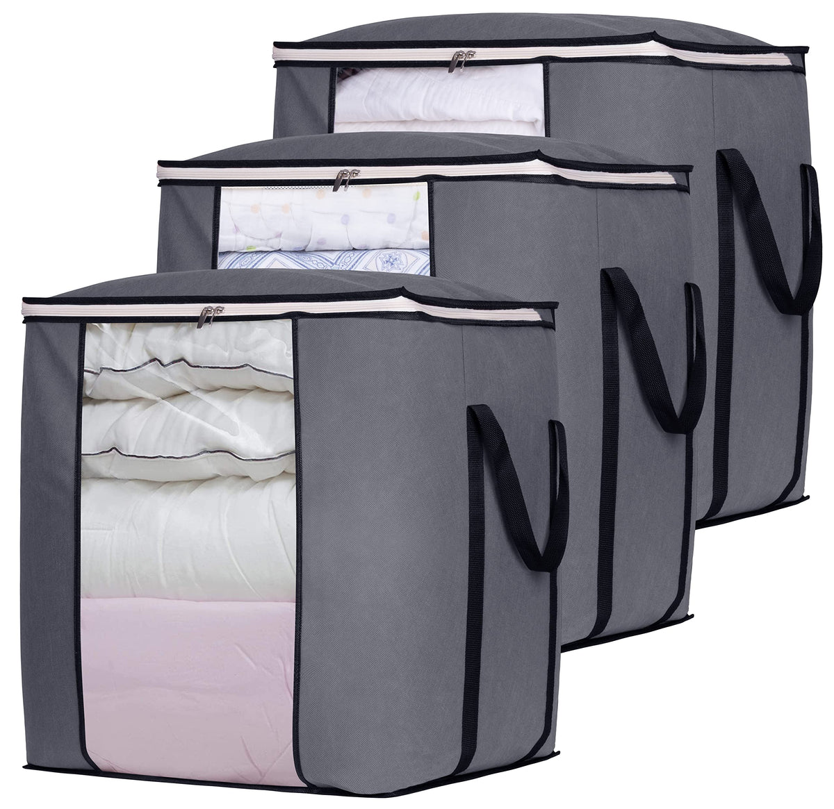 SLEEPING LAMB front view showing three grey oversized storage bags, organized storage benefit