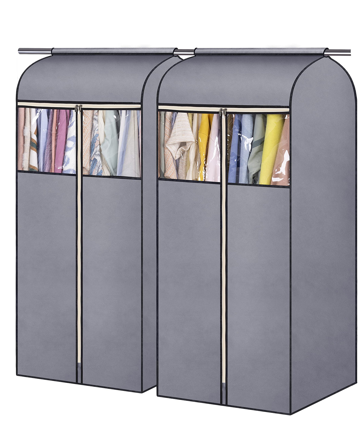 SLEEPING LAMB front view of two grey garment bags showing neat storage benefit