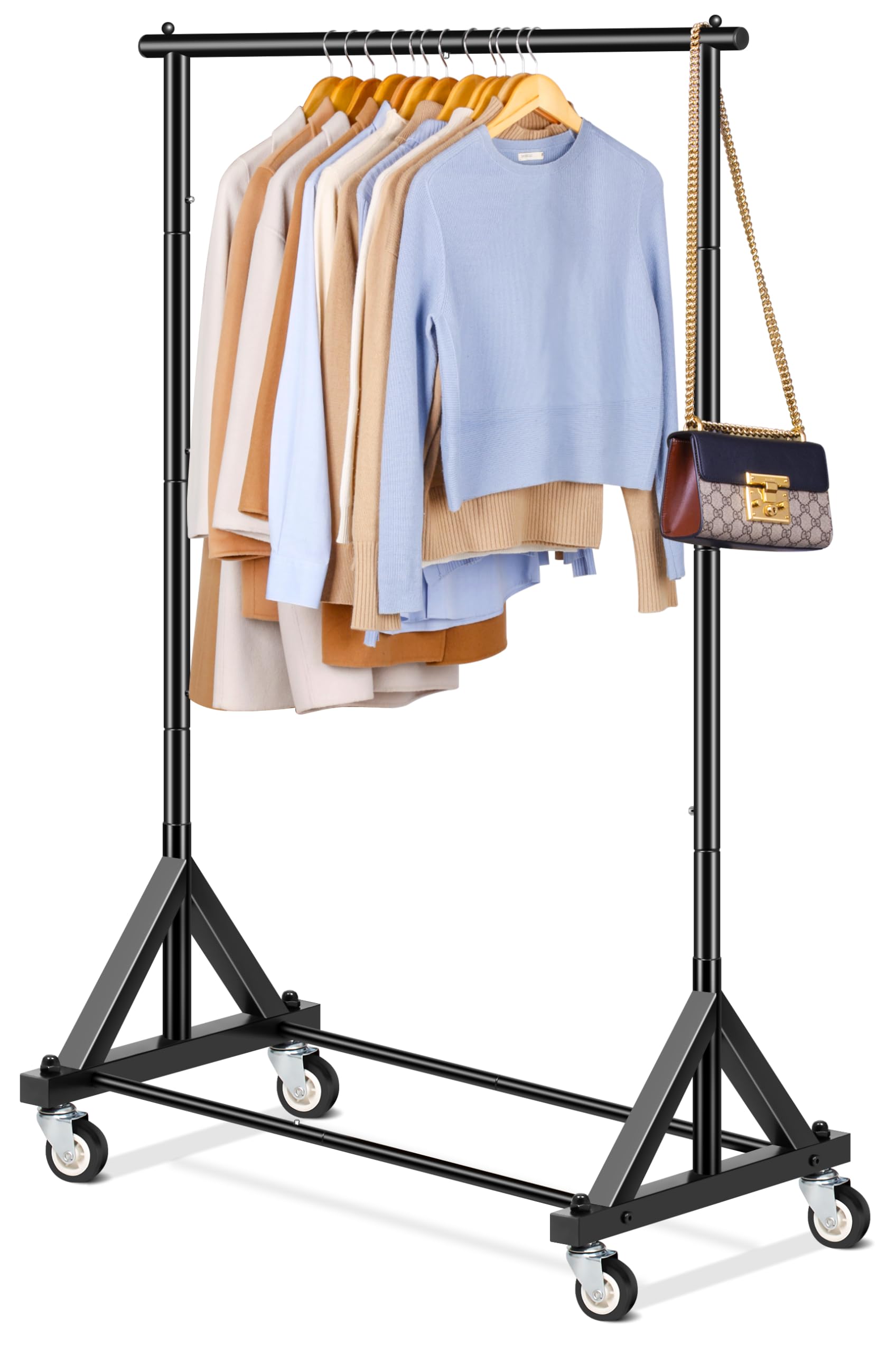 SLEEPING LAMB front view of black heavy-duty rack showing spacious hanging benefit