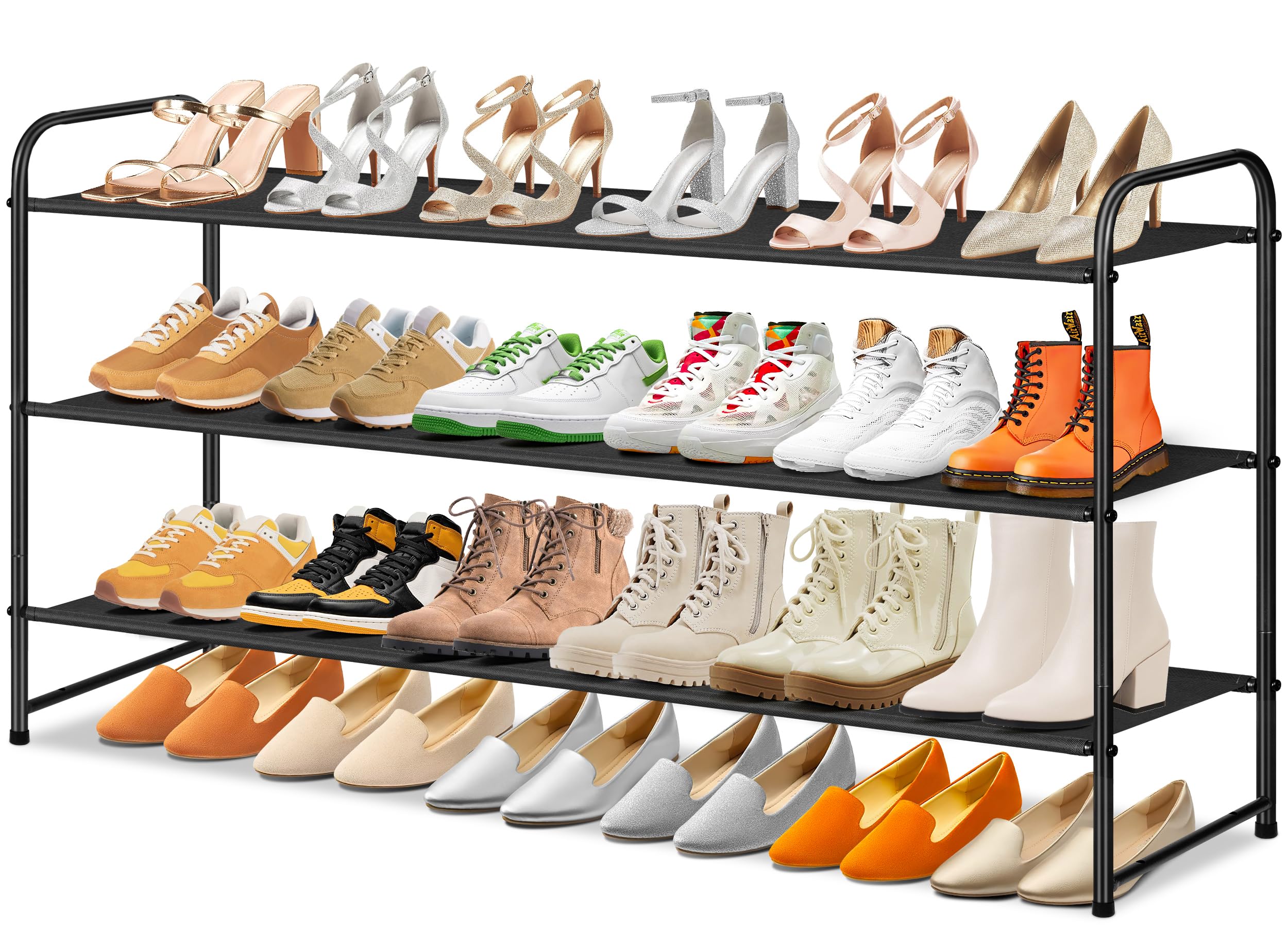 SLEEPING LAMB front view of long 3-tier black shoe organizer showing full capacity and neat storage