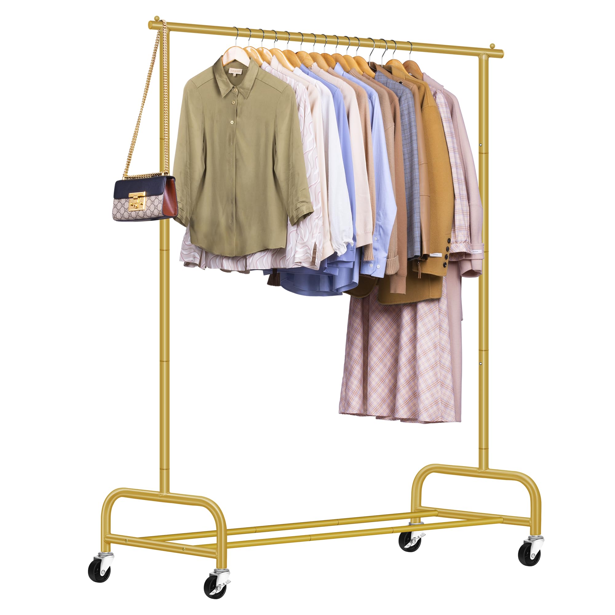 SLEEPING LAMB front view showing full gold wardrobe rack and large hanging capacity