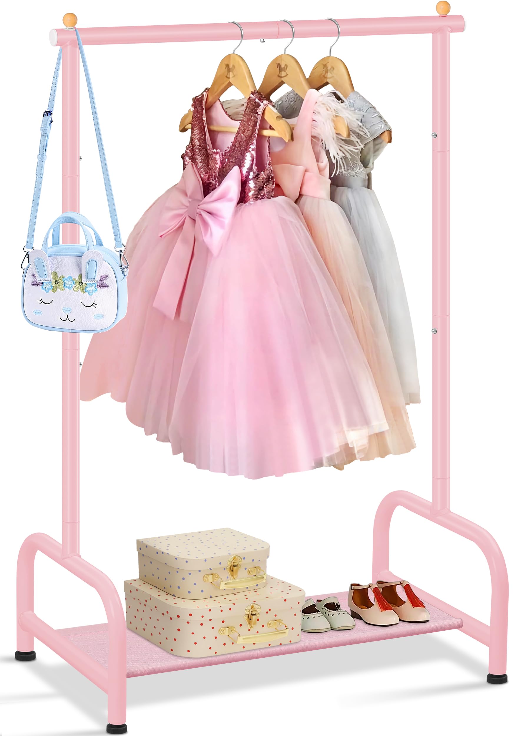 SLEEPING LAMB front view pink clothing rack showing organized outfits and easy access