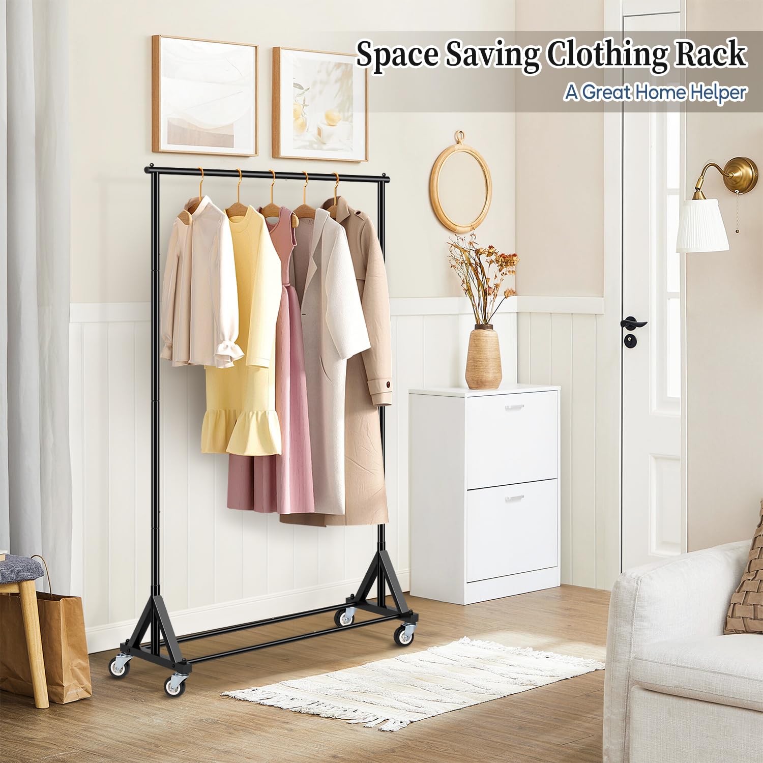SLEEPING LAMB rack in a bedroom setting organizing coats for tidy space