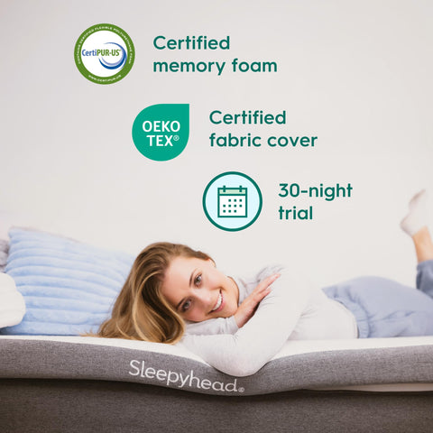 Sleepyhead Twin XL topper next to ruler to show accurate dorm bed fit