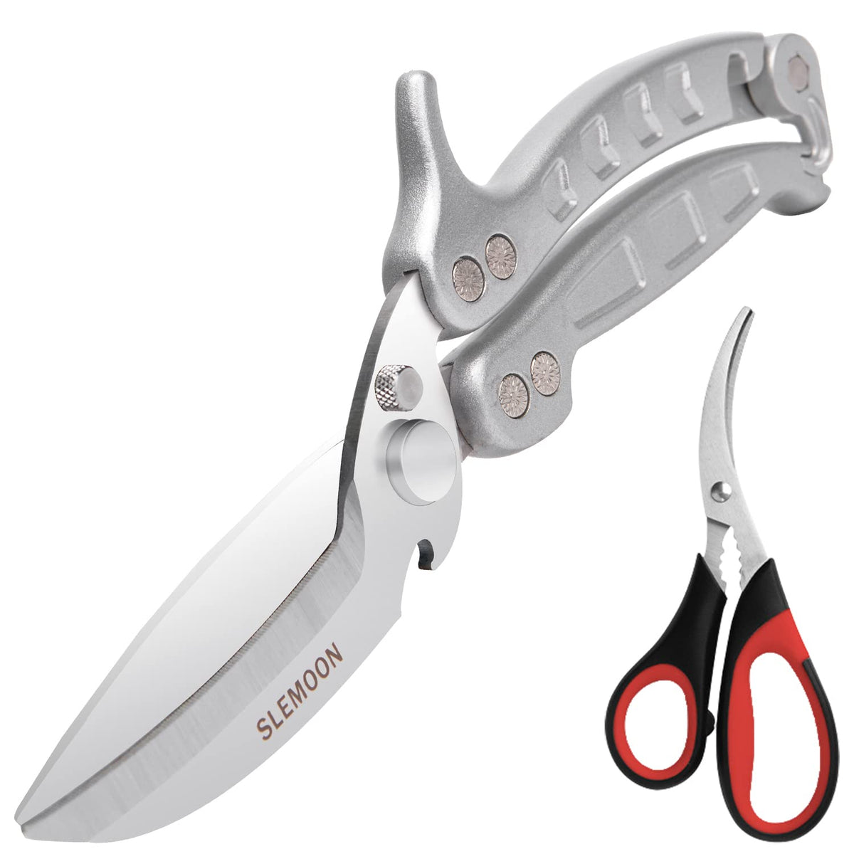 SLEMOON front view of two-piece shears set showing packaging and stainless finish benefit