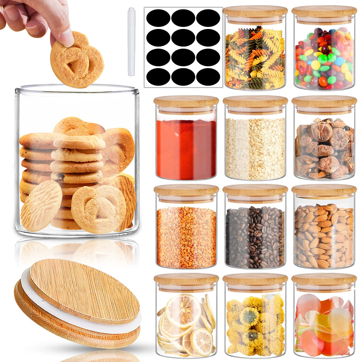 SLifeJars front packaging showing 12 clear jars and bamboo lids for tidy storage