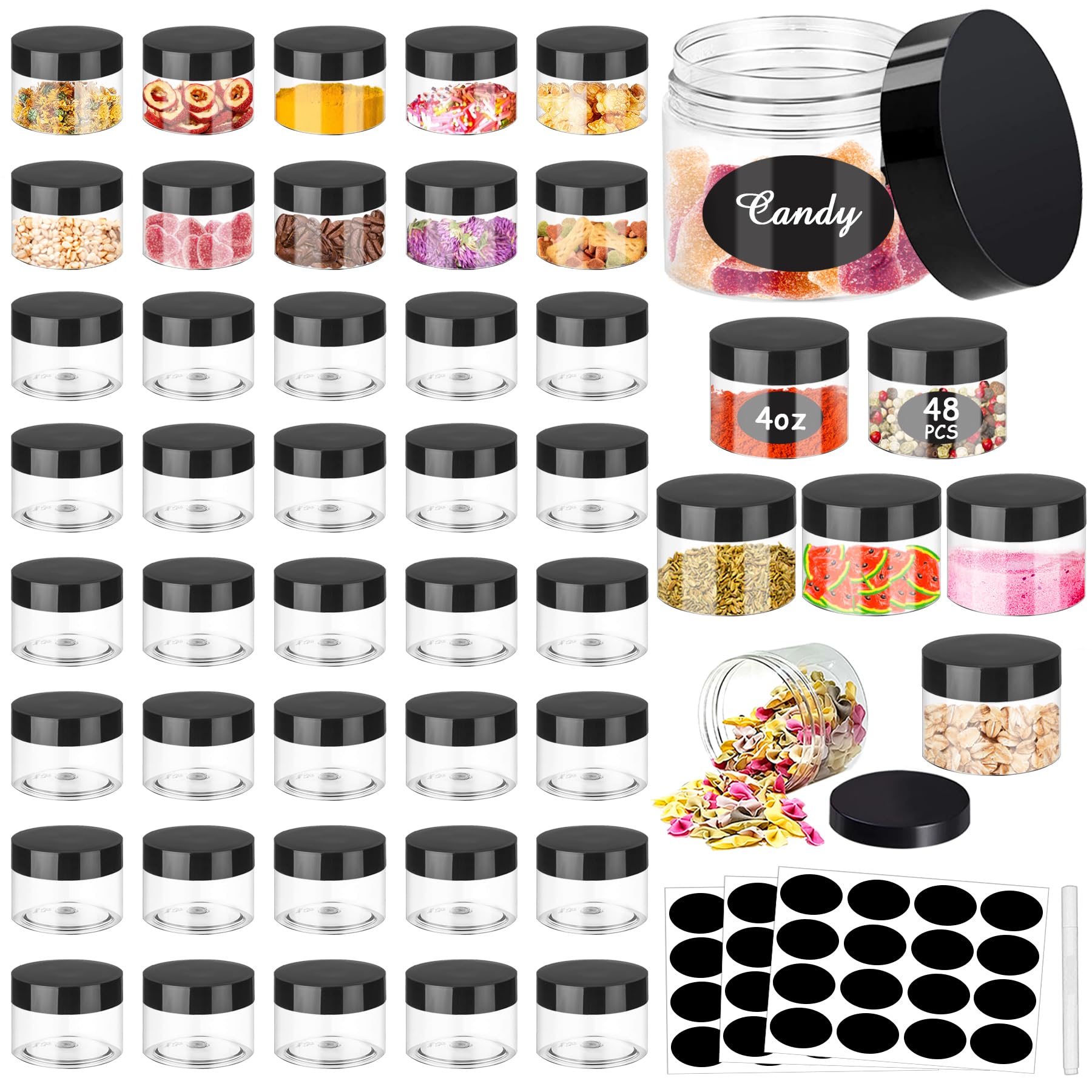 SLifeJars front packaging 48 pack shows clear jars and black lids for neat storage