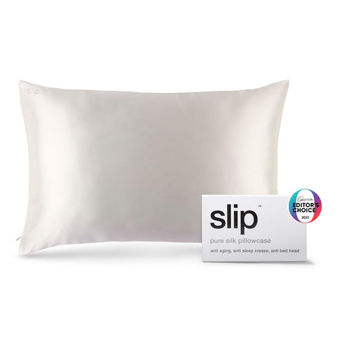 SLIP silk pillowcase next to cotton to compare sheen and surface