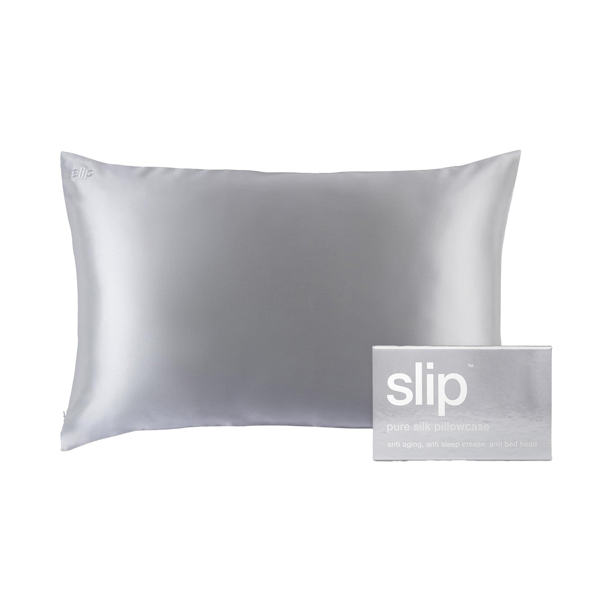 Slip queen pillowcase front view showing silver color and smooth finish for luxury sleep