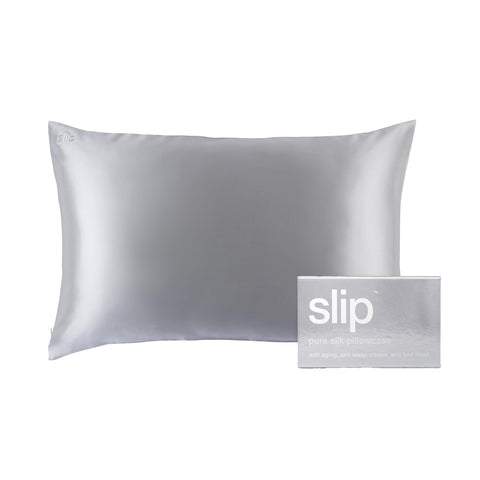 Slip queen pillowcase front view showing silver color and smooth finish for luxury sleep