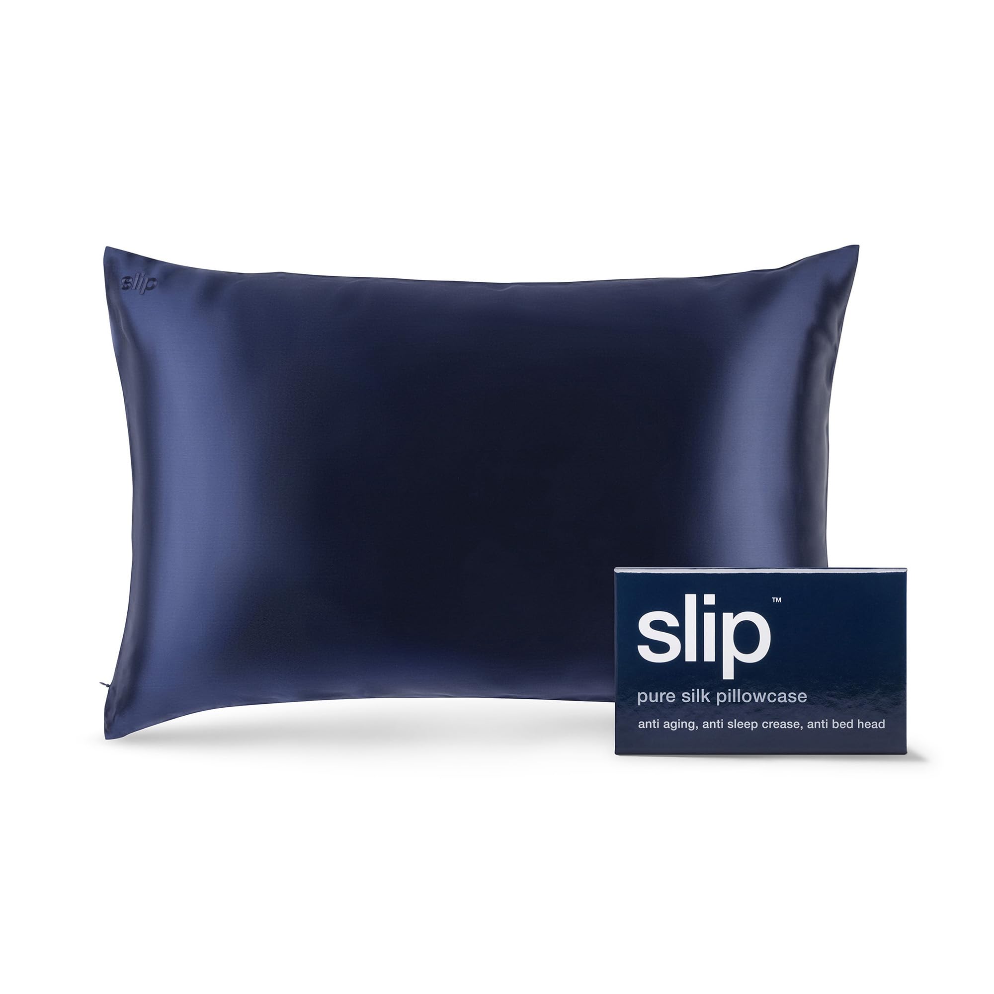 SLIP navy queen pillowcase front view showing smooth finish and luxury