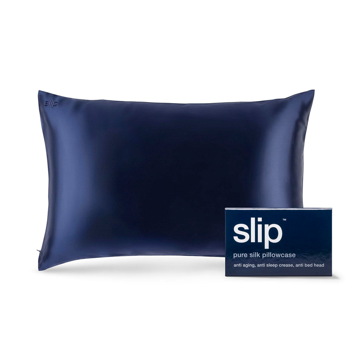 SLIP navy queen pillowcase front view showing smooth finish and luxury
