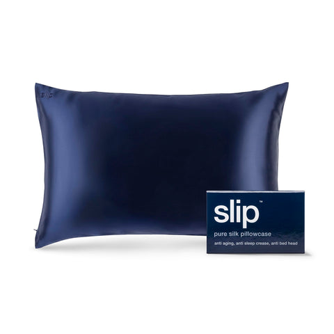 SLIP navy queen pillowcase front view showing smooth finish and luxury