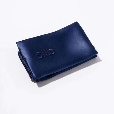 SLIP navy pillowcase side seam finish demonstrating quality construction