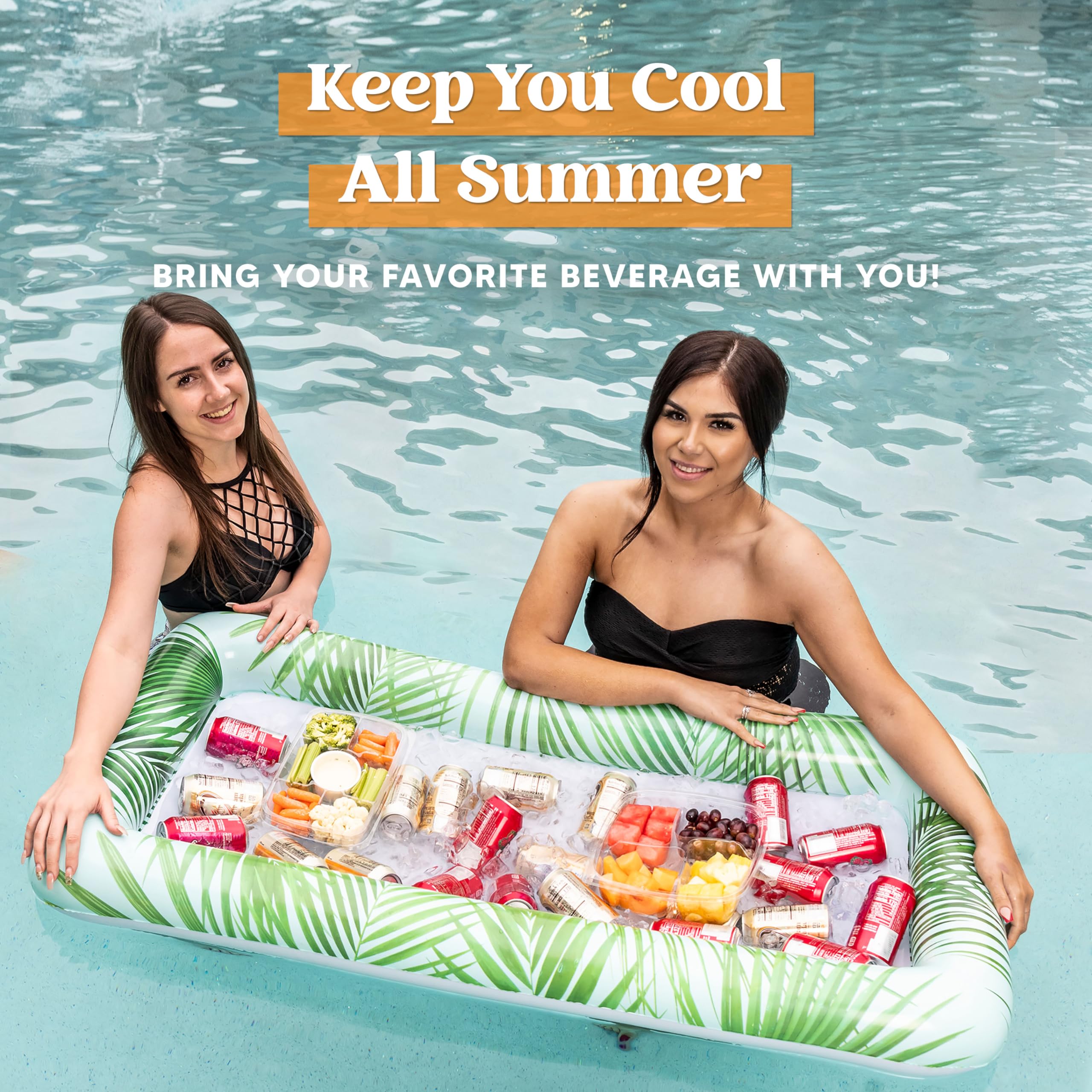 Sloosh trays in use at poolside party holding chilled drinks and snacks for convenience