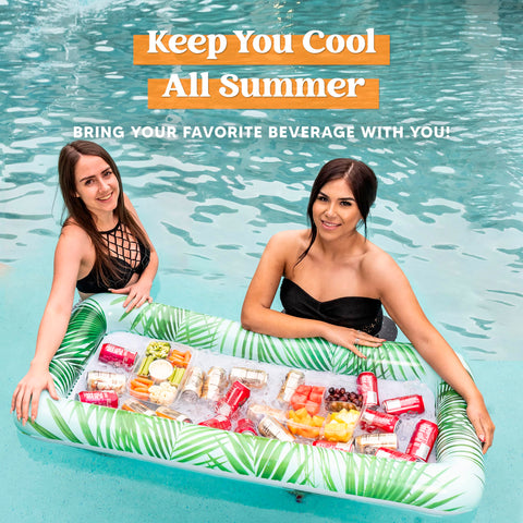 Sloosh trays in use at poolside party holding chilled drinks and snacks for convenience