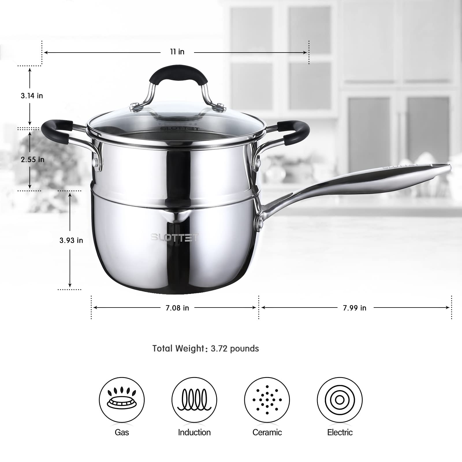 Ergonomic SLOTTET handle with silicone sleeve stays cool and provides safe grip