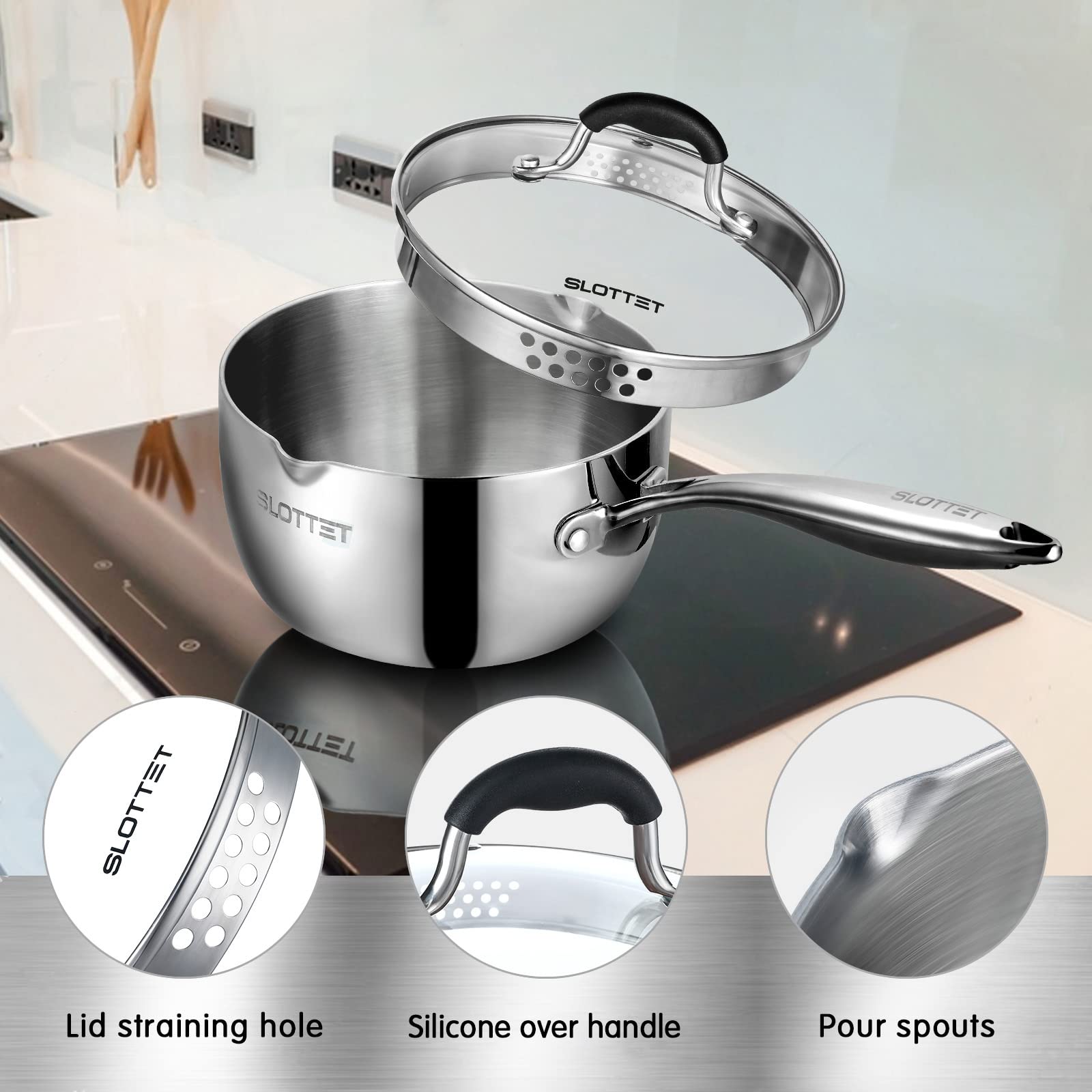 Pouring liquid from SLOTTET saucepan using built-in spout for clean transfer