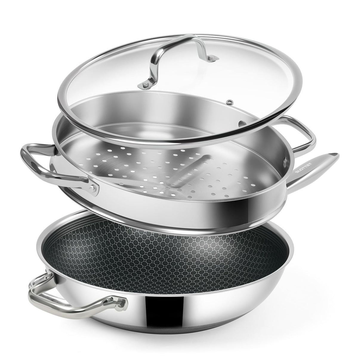 SLOTTET wok front view showing nonstick stainless steel and lid, for easy multiuse cooking