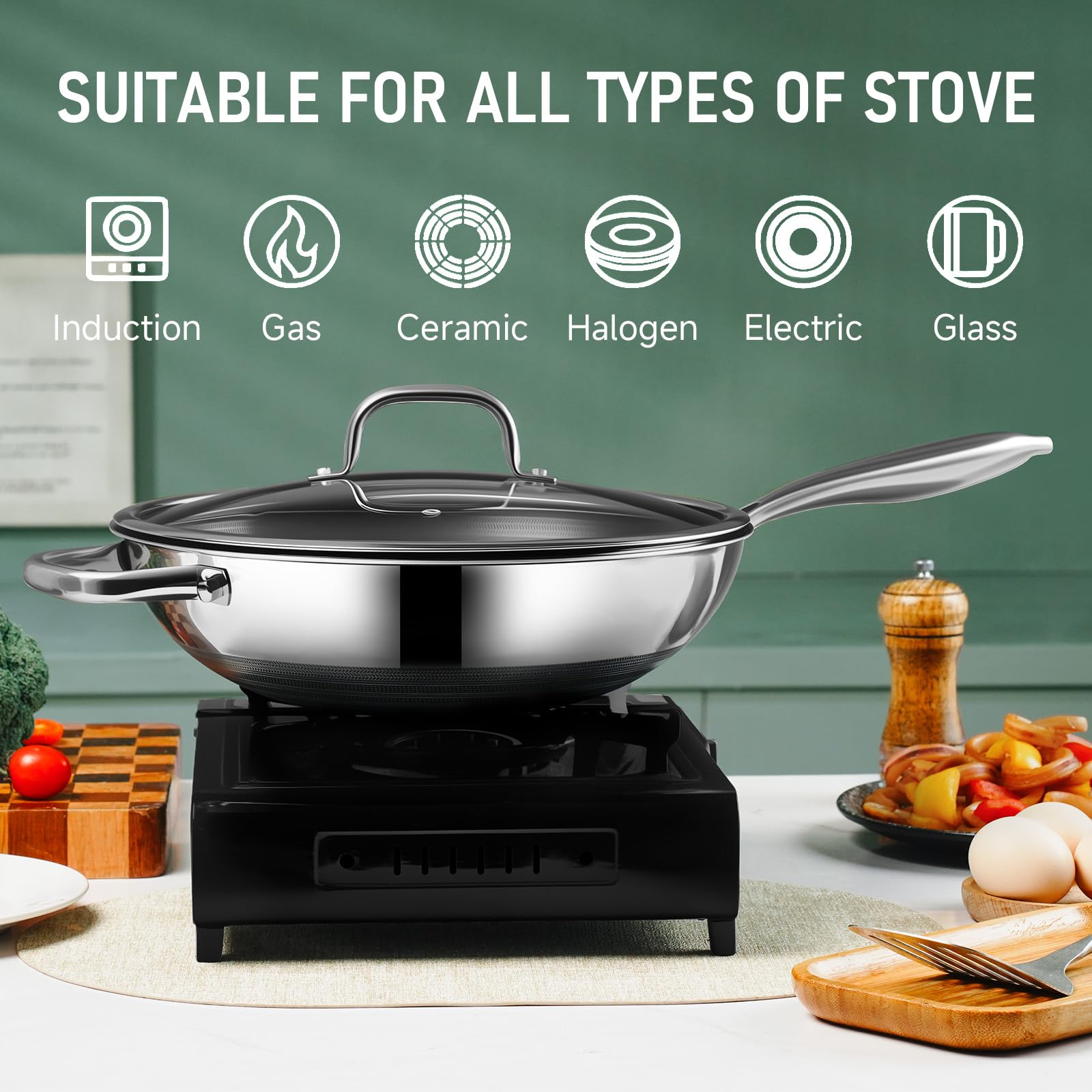 SLOTTET wok in a modern kitchen with cooked vegetables, showing everyday meal versatility