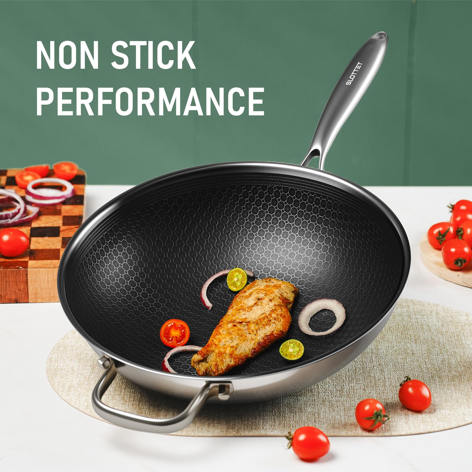 SLOTTET steamer insert inside wok, demonstrating steaming capacity and convenient one-pan meals